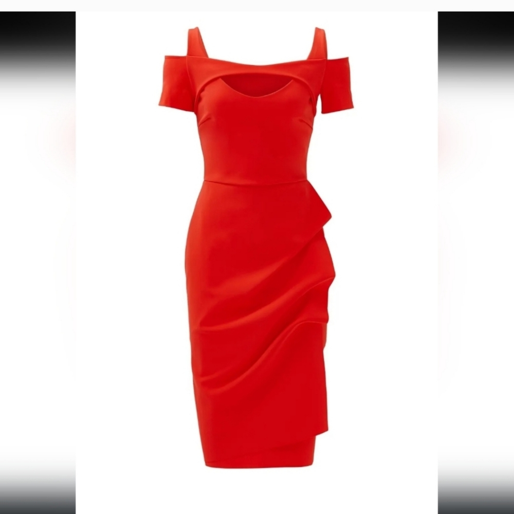 Chiara Boni Cold Shoulder coral Ruffled Sheath Short Sleeves Body Con Dress 6 42